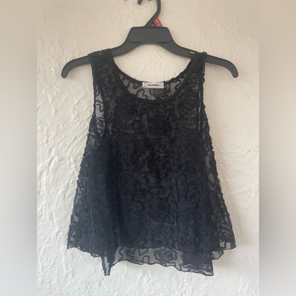 Free People Black Sheet Lace Boho Cropped Oversized Swing Tank Top; size S